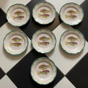 Set of 7  Vintage Solimene Vietri Plates Fish Ceramic Made in Italy 8" Side  - Picture 1 of 7