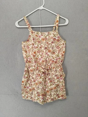 Antiguo Mono Corto Azul Marino Mameluco Niñas XL Floral Sin Mangas Mezcla de Lino Verano Foto 1 de 4