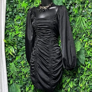 Fashion Nova Dress Small Black Mini Square Neck Ruched Long Sleeve Bodycon 3087 - Picture 1 of 9