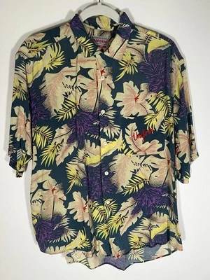 Vintage 80s UNIFORM blue yellow Hawaiian retro tropical shirt M embroidered logo - Image 1 of 4