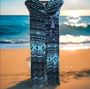 A' GACI trägerloser Jumpsuit mit V-Ausschnitt und weitem Bein, blau geometrisch Medium.  - Bild 1 von 7