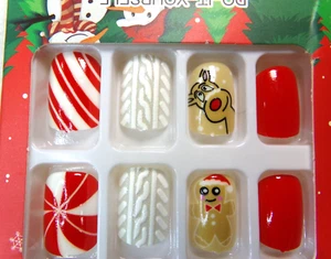 Christmas Nails Shiny Red Peppermint, Gingerbread Man GLUE ON Short - Picture 1 of 2
