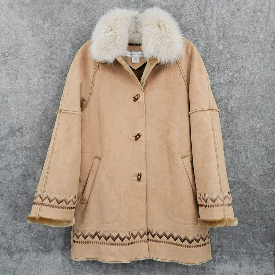 1 Madison Coat S Tan Brown Fox Fur Suede Feel Penny Lane Boho Toggle Embroidered - Image 1 of 4