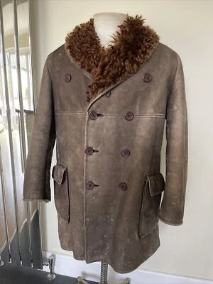 Vintage Antartex  Scotland Sheepskin Lamb skin Brown Double Breasted Coat 44” M - Image 1 of 4