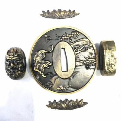 Round Set Tiger Tsuba Menuki Fuchi Kashira Accessory For Japanese Katana Sword - Image 1 of 4