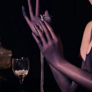 Womens Oil Shiny Glossy Long Gloves See-through Lace Wedding Evening Party Glove - Picture 1 of 21