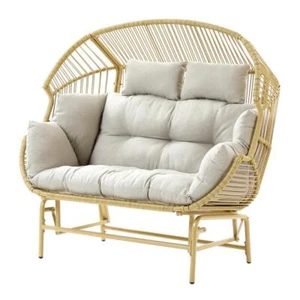 Pocassy Indoor/Outdoor Chaise Lounge Wicker Egg Chair 2-Seat Beige Cushions - Picture 1 of 10