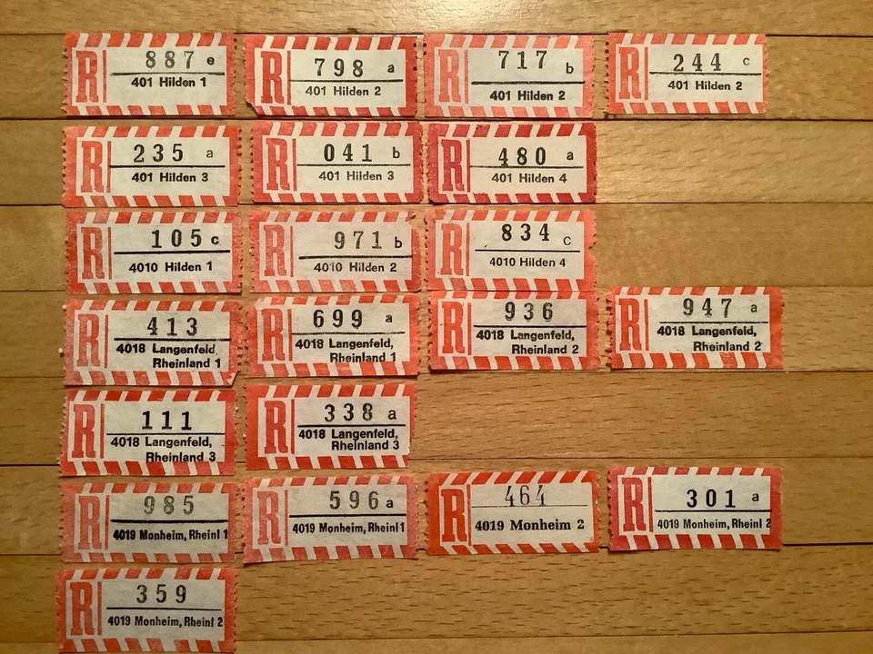 21x Einschreibezettel 401 Hilden1/2/3/4, 4018 Langenfeld 1/2/3, 4019 Monheim1/2 - Bild 1 von 1