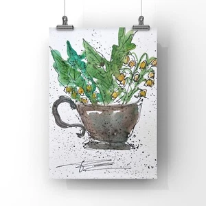 Lilies of the valley in a teacup Painting Cute Small Floral Art Gift For Granny - Picture 1 of 9
