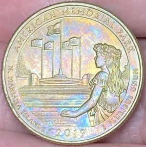 2019P American Memorial Park, ATB Quarter Beautiful Gold/Rainbow Toned Coin #7 - Picture 1 of 10