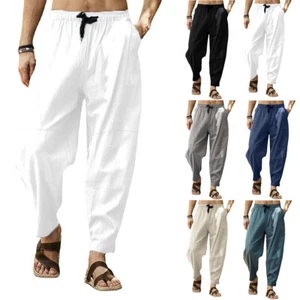 Men's Cotton Linen Pockets Drawstring Elastic Pants Casual Loose Harm Trousers - Picture 1 of 16