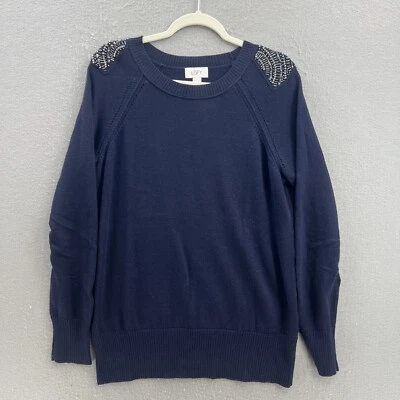 Ann Taylor Loft Sweater Womens XL Navy Blue Embellished Knit Pullover Wool Blend - Image 1 of 4