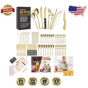 Golden 68-Piece Cutlery Set with Steak Knife & Metal Straws - Modern Elegance - Picture 1 of 9