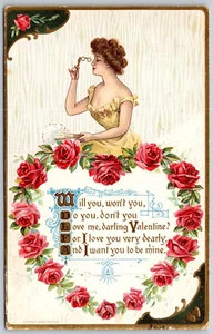 Postcard Love Me Darling Valentine Poem Gibson Girl H Wessler Rose Heart Wreath - Picture 1 of 2