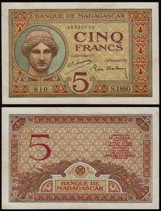 MADAGASCAR 5 FRANCS (P35) N. D. (1937) AU/UNC - Picture 1 of 1