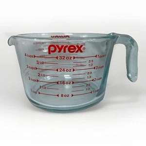 Pyrex 4 Cup 1 Quart Large Measuring Cup Red Print Made In USA Blue Tint Glass - Picture 1 of 7