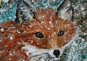 ORIGINAL ACEO Red FOX Painting Winter Snow Wild Animal Nature Landscape ATC ART - Picture 1 of 1