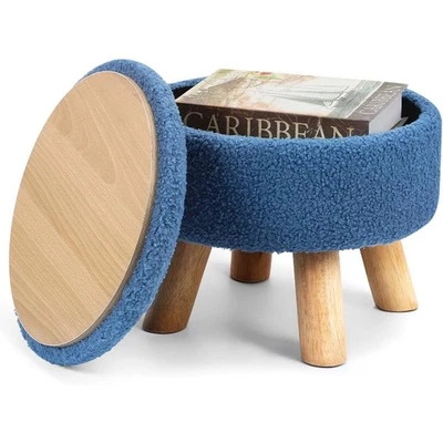 Foot Stool Ottoman w/Storage, Round Small Foot Rest w/Padded Seat and Wood Legs - Image 1 of 4