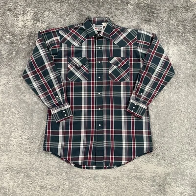 Vintage Western Craft Shirt Mens Medium Green Red Plaid Pearl Snap Cowboy Canada - Image 1 of 4