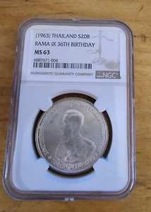 Thailand 1963 36th Anniversary of birth of Rama IX 20 Baht Silver Coin NGC MS63 - Picture 1 of 2