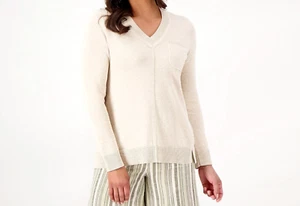 Isaac Mizrahi V-Neck Sweater with Chest Pocket- Heather Oatmeal, 1X - Picture 1 of 1