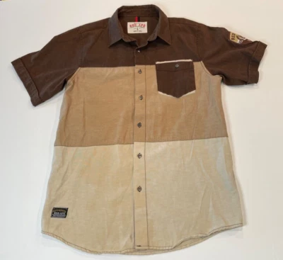 Red Ape Button Up Shirt Adult Size L Large Brown Tan Casual Arm Patch Mens A86 - Image 1 of 4