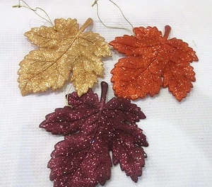 (3) Fall Thanksgiving Glitter Maple Leaf Leaves Tree Ornaments Decoration Decor - Picture 1 of 4