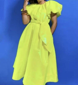 Christopher John Rogers Puff Sleeve Tie Waist Volume Dress Yellow  - Picture 1 of 4