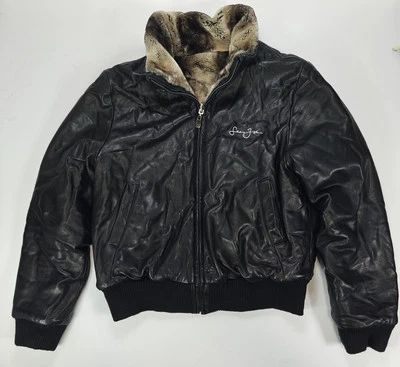 Chaqueta de mujer SEAN JOHN 100 % cuero NEGRA piel sintética RARA bombardero REVERSIBLE Y2K Foto 1 de 4