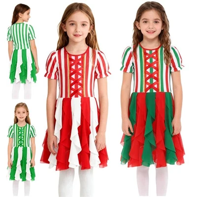 Niñas Navidad Bastón de Caramelo Rayas Disfraces Manga Hinchada Vestido de Tul con Briefs Foto 1 de 3