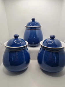 3 frascos de almacenamiento Denby Imperial azul con tapa café té azúcar gres raros en muy buena condición - Imagen 1 de 15