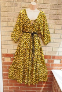 Urban Outfitters yellow floral tie v neck long sleeve long midi dress 8 10 S - Picture 1 of 11