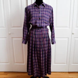 Vtg Karen Scott Matching Set Midi Skirt Button Down Shirt Plaid 100% Cotton Sz S - Picture 1 of 9