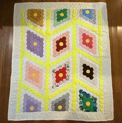 Vintage Grandmother’s Flower Garden Quilt Chenille Hexagon Lap 40X49” Patchwork - Image 1 of 4