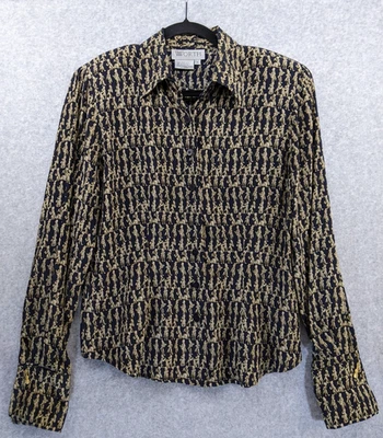 Blusa Vintage Worth Talla 8 Seda Azul Marino Dorado Músicos Estampado Mangas Gemelos Foto 1 de 4