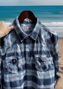 Sovereign Code Western Pearl Snap Shirt Cowboy Rodeo Plaid Navy White Teal Men L - Picture 1 of 13