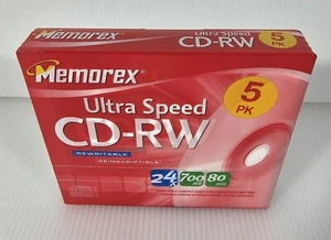 Memorex 5 Pack Rewritable Ultra Speed CD-RW 24x 700mb, 80 mins, New Sealed - Picture 1 of 3