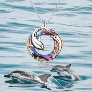 Delfin Halskette Runde AB Farbe Kristall Anhänger Damen Kette Mutter und Tochter - Bild 1 von 5