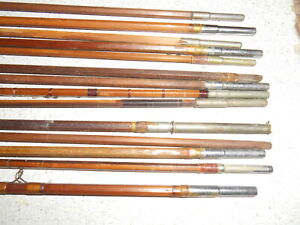 14 vintage bamboo fly rod tip sections. lots of ferrules and guides.  Misc.