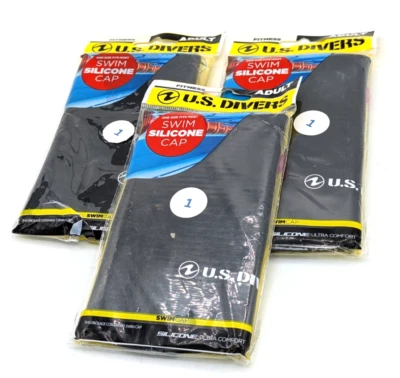 Lot of 3 U.S. Divers Swim Cap Adult Black Silicone NEW - Image 1 of 4