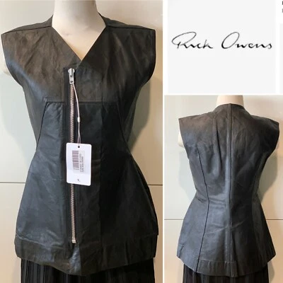 RICK OWENS Italia Nuevo con Etiquetas Chaleco Largo de Cuero Negro Chaqueta con Cremallera 42IT/10 Aust/6 EE. UU. Foto 1 de 4