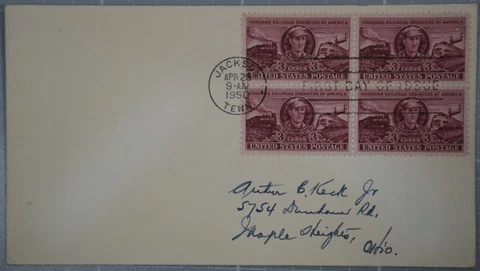 US 1950 FDC, Honoring Railroad Engineers, Block of 4 3c Cover
