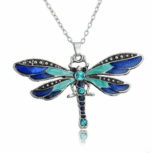 BLUE LARGE DRAGONFLY charm pendant 24" 925 Sterling Silver Necklace Gift women - Picture 1 of 9