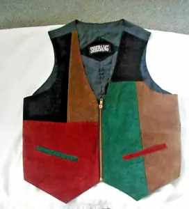 womens vintage suede vest patchwork colors M medium green red black brown - Picture 1 of 12