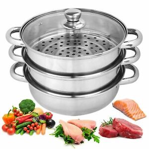3 Tier Vegetable Steamer Pan Set 25cm Food Stainless Steel Pot Cooking Glass Lid