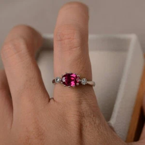 Pink Ruby Three Stone Ring Lab Created Gemstone Sterling Silver Women Ring - Picture 1 of 5