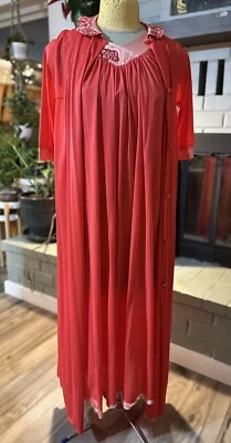 Vintage 60s Night Gown & Robe Set Silky Nylon Coral Pink Snowdon Small Peignoir - Image 1 of 4