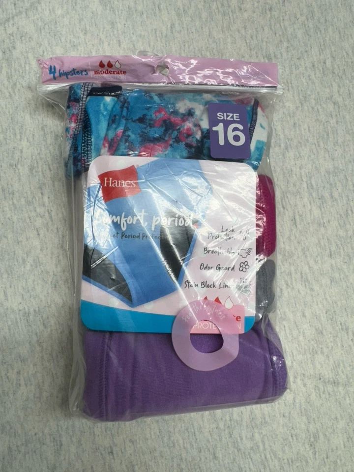 Paquete de 4 Ropa Interior Hanes Período Niñas Talla 16 Hipster Protección Moderada Suave Nuevo Foto 1 de 2