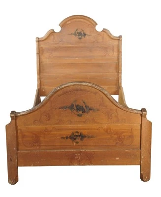 Antique Victorian Floral Painted Pine Full Size Paneled Highback Bed Frame - Image 1 of 4