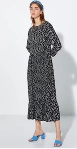 Zara Black White Spotty Polka Dot Midi Smock 3/4 Sleeve Tiered Dress Size S 8 10 - Picture 1 of 1